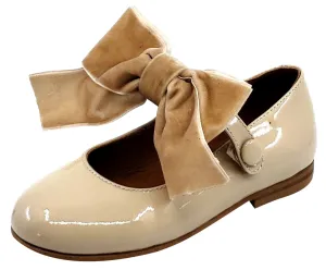 Atlanta Mocassin Girl's Snap Closure Velvet Bow Mary Jane, Taupe Sand