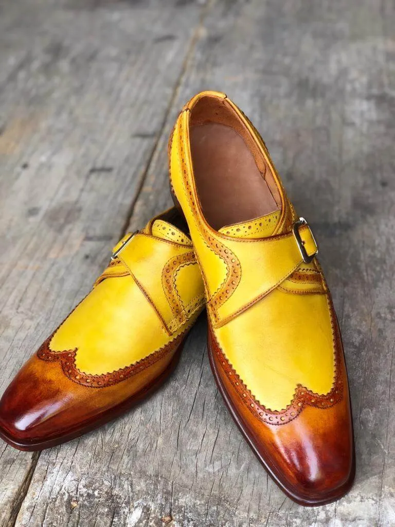 Bespoke Yellow Tan Brown Leather Monk Strap Wing Tip Shoes for Men's