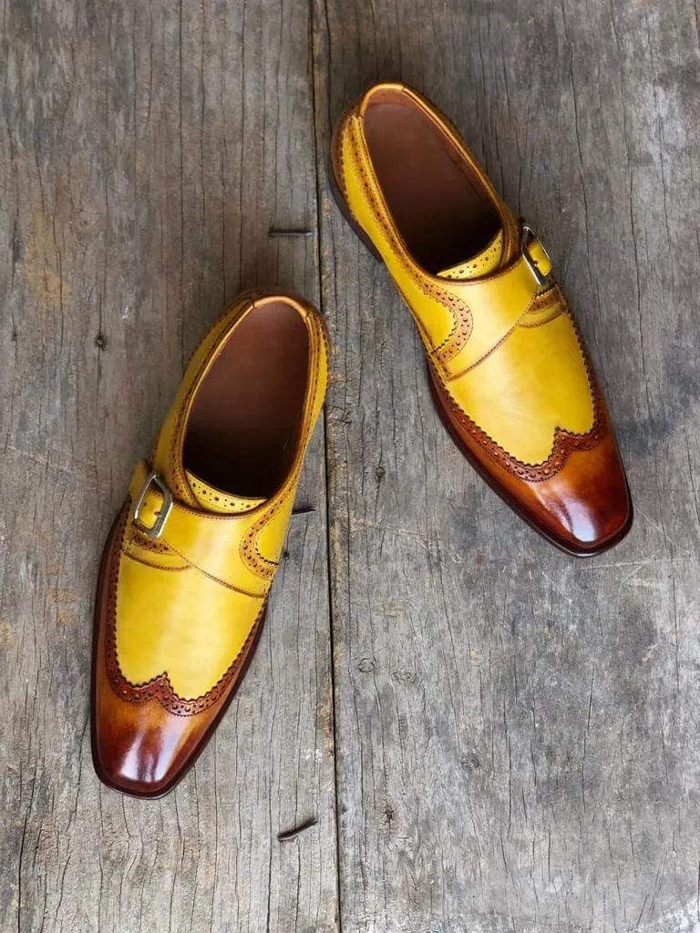 Bespoke Yellow Tan Brown Leather Monk Strap Wing Tip Shoes for Men's