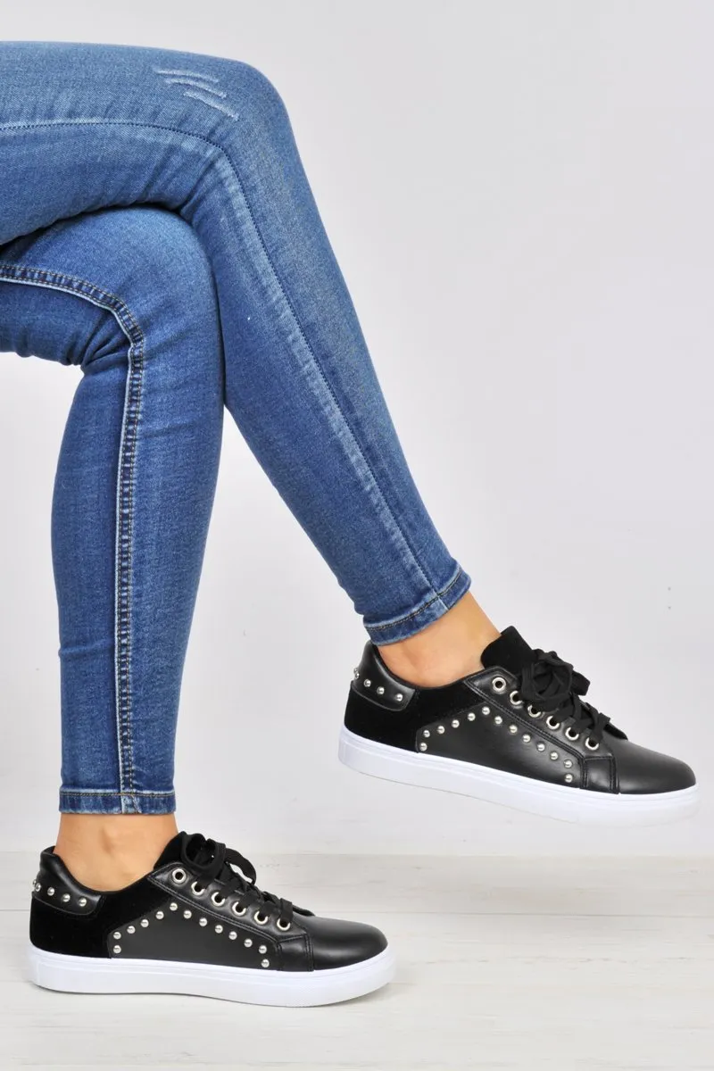 Black Lace Up Studded Trainers - Danaly