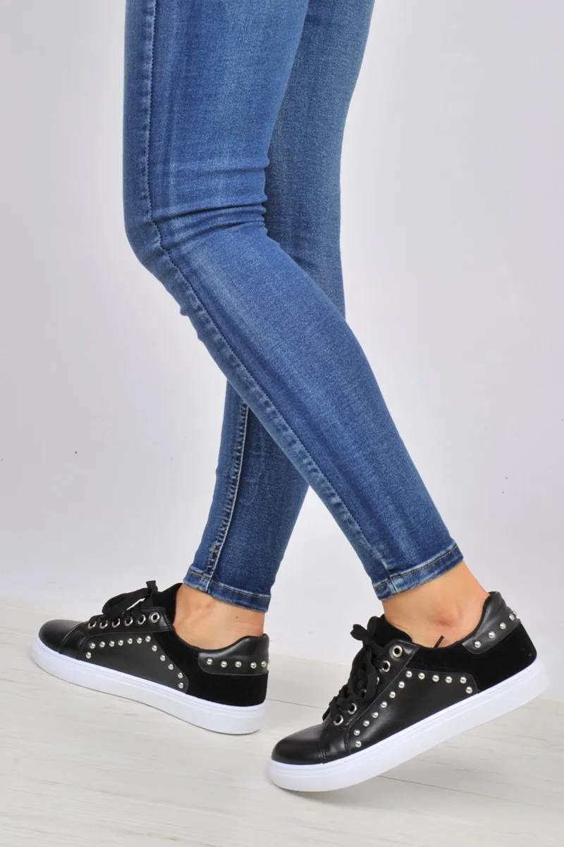 Black Lace Up Studded Trainers - Danaly