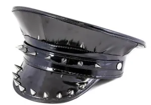 Black Shiny Patent Vegan Leather Police Hat w/ Silver Spike Details