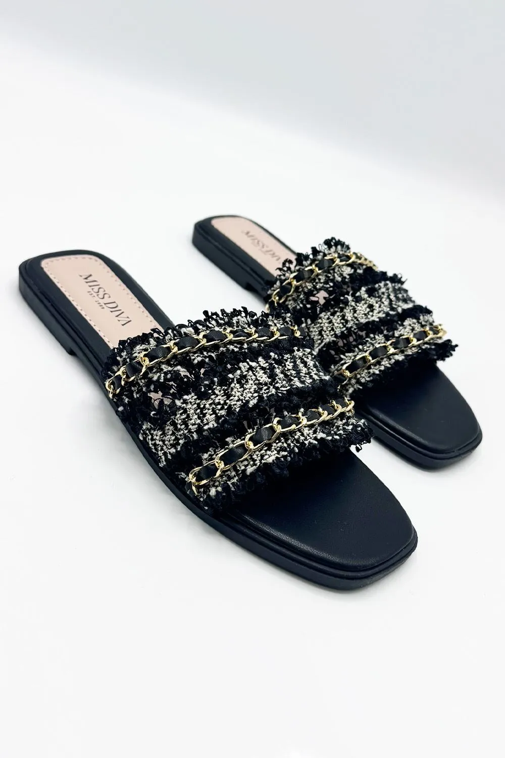 Eloise Tassel Chain Strap Sliders in Black