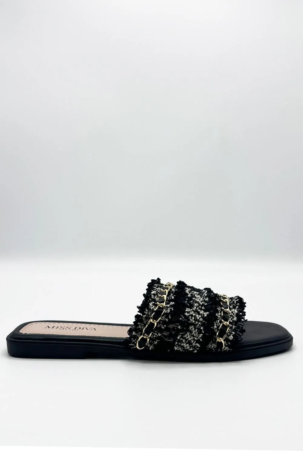 Eloise Tassel Chain Strap Sliders in Black