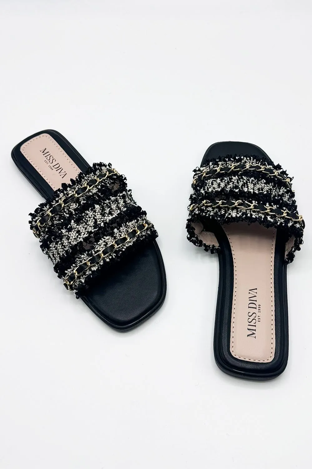 Eloise Tassel Chain Strap Sliders in Black