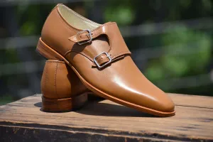 Handmade Monk Shoes Dress Formal Shoes Tan Deisgner Shoes Formal Shoes