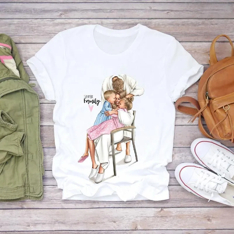 Women Cartoon Super Momlife Summer Graphic Print T-shirts