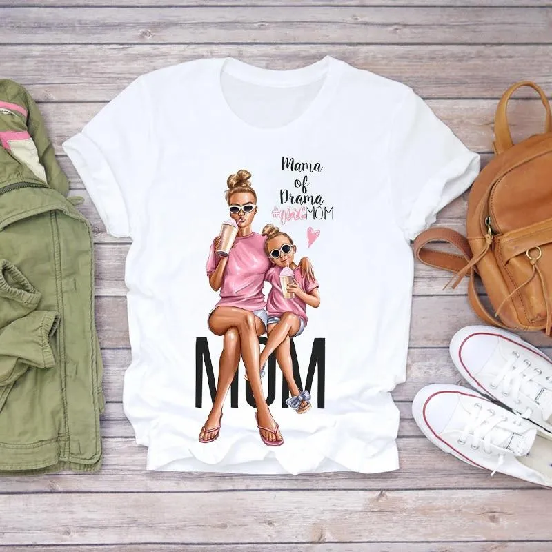 Women Cartoon Super Momlife Summer Graphic Print T-shirts