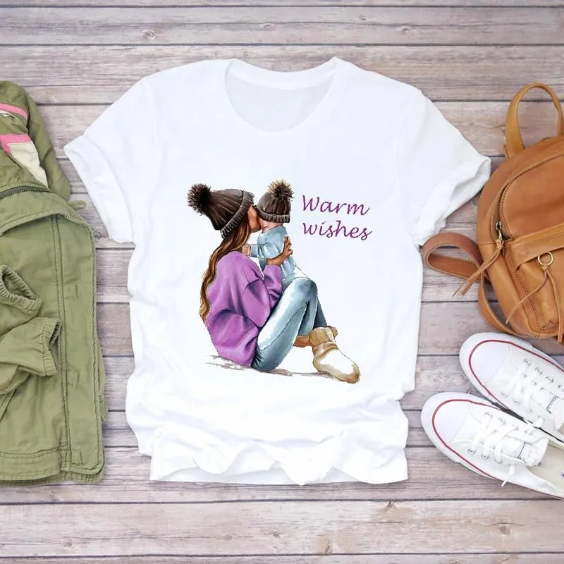 Women Cartoon Super Momlife Summer Graphic Print T-shirts