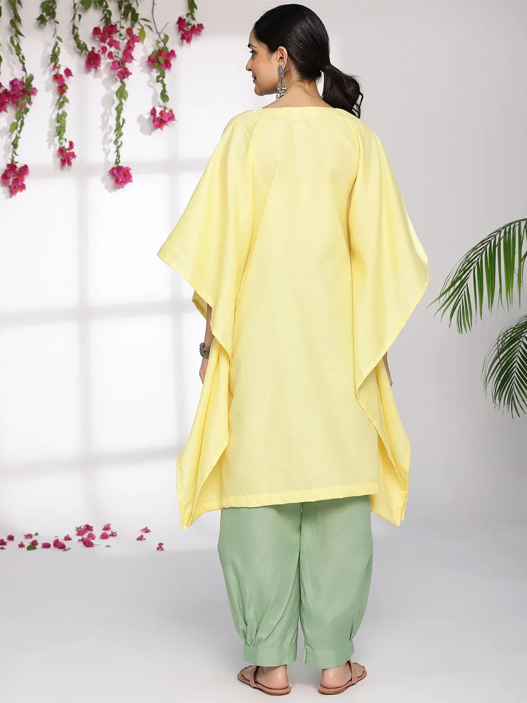 Yellow CottonSlub Kaftan & SageGreen AfghaniSalwar